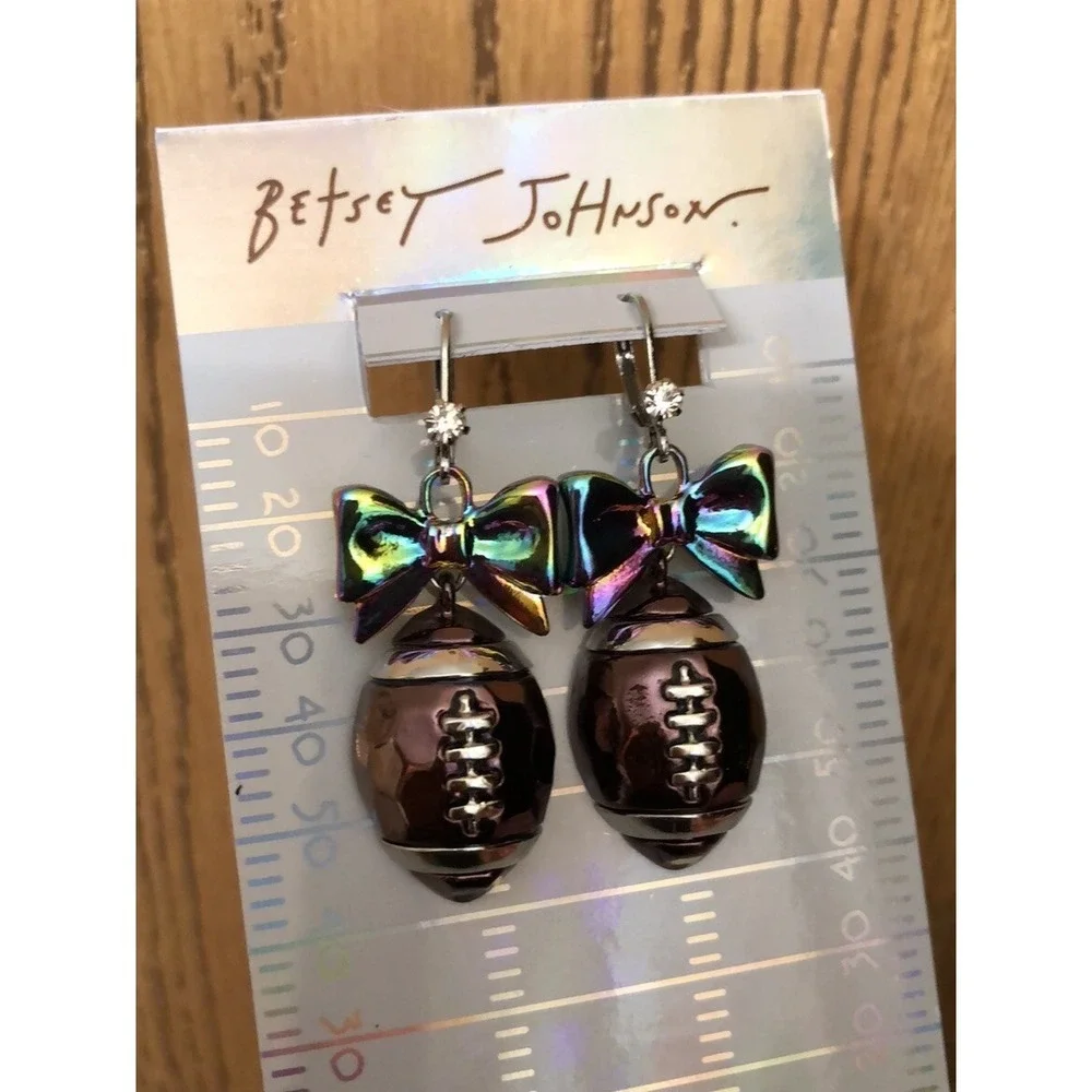 Betsey Johnson Touch Down Iridescent Bow & Brown Metallic Football Drop Earrings